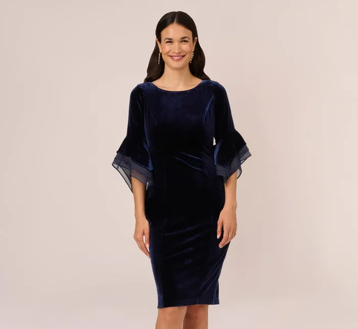 Adrianna Papell Velvet Sheath Dress With Tiered Three Quarter Sleeves In Midnight Midnight Women Short Dresses Adrianna Papell Velvet Sheath Dress With Tiered Three Quarter Sleeves In Midnight Midnight Women Short Dresses