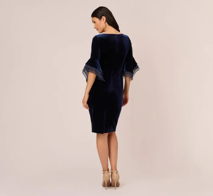Adrianna Papell Velvet Sheath Dress With Tiered Three Quarter Sleeves In Midnight Midnight Women Short Dresses Adrianna Papell Velvet Sheath Dress With Tiered Three Quarter Sleeves In Midnight Midnight Women Short Dresses