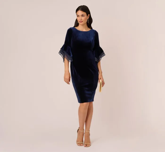 Adrianna Papell Velvet Sheath Dress With Tiered Three Quarter Sleeves In Midnight Midnight Women Short Dresses Adrianna Papell Velvet Sheath Dress With Tiered Three Quarter Sleeves In Midnight Midnight Women Short Dresses
