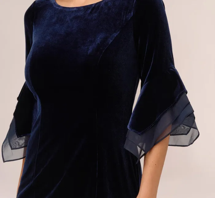 Adrianna Papell Velvet Sheath Dress With Tiered Three Quarter Sleeves In Midnight Midnight Women Short Dresses Adrianna Papell Velvet Sheath Dress With Tiered Three Quarter Sleeves In Midnight Midnight Women Short Dresses