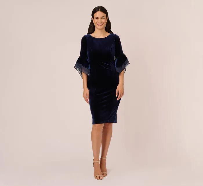 Adrianna Papell Velvet Sheath Dress With Tiered Three Quarter Sleeves In Midnight Midnight Women Short Dresses Adrianna Papell Velvet Sheath Dress With Tiered Three Quarter Sleeves In Midnight Midnight Women Short Dresses