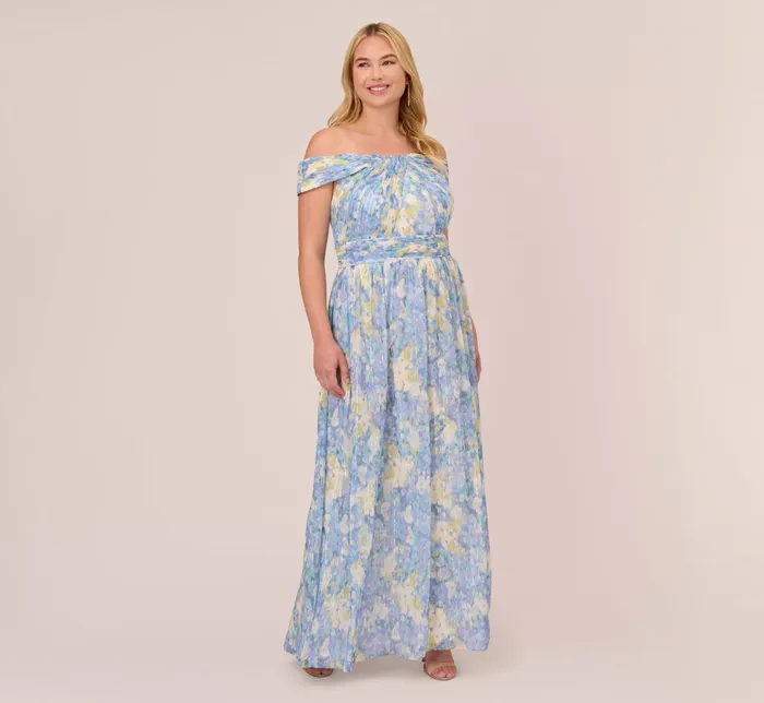 Adrianna Papell Watercolor Floral Print Gown With Off The Shoulder Neckline In Blue Multi Blue Multi Women Floral Dresses Adrianna Papell Watercolor Floral Print Gown With Off The Shoulder Neckline In Blue Multi Blue Multi Women Floral Dresses