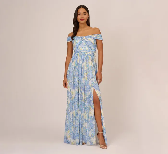 Adrianna Papell Watercolor Floral Print Gown With Off The Shoulder Neckline In Blue Multi Blue Multi Women Floral Dresses Adrianna Papell Watercolor Floral Print Gown With Off The Shoulder Neckline In Blue Multi Blue Multi Women Floral Dresses