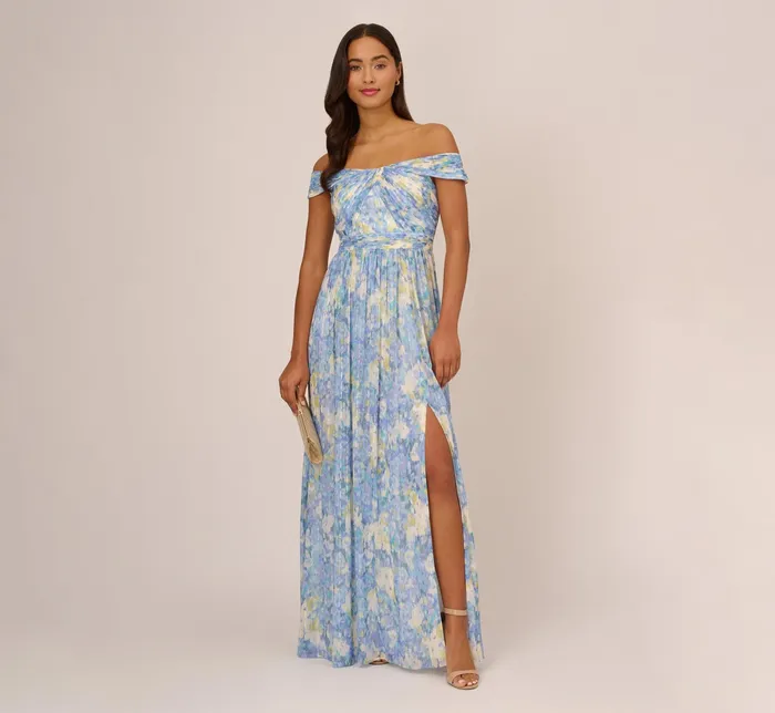 Adrianna Papell Watercolor Floral Print Gown With Off The Shoulder Neckline In Blue Multi Blue Multi Women Floral Dresses Adrianna Papell Watercolor Floral Print Gown With Off The Shoulder Neckline In Blue Multi Blue Multi Women Floral Dresses