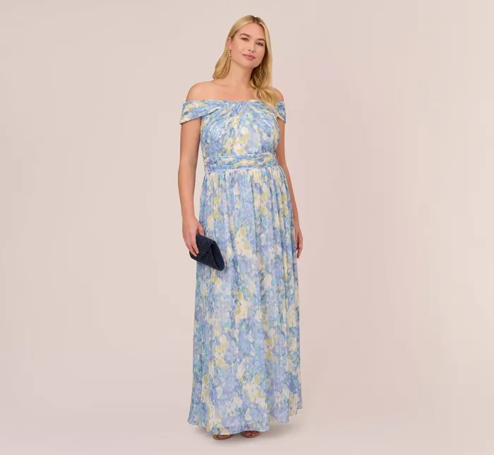 Adrianna Papell Watercolor Floral Print Gown With Off The Shoulder Neckline In Blue Multi Blue Multi Women Floral Dresses Adrianna Papell Watercolor Floral Print Gown With Off The Shoulder Neckline In Blue Multi Blue Multi Women Floral Dresses