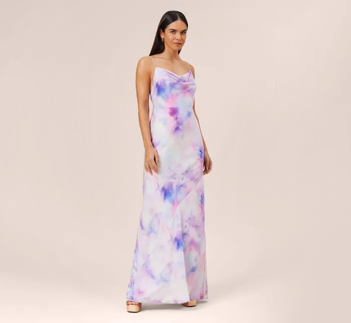 Adrianna Papell Watercolor Print Satin Gown In Purple Multi Purple Multi Women Long Dresses Adrianna Papell Watercolor Print Satin Gown In Purple Multi Purple Multi Women Long Dresses