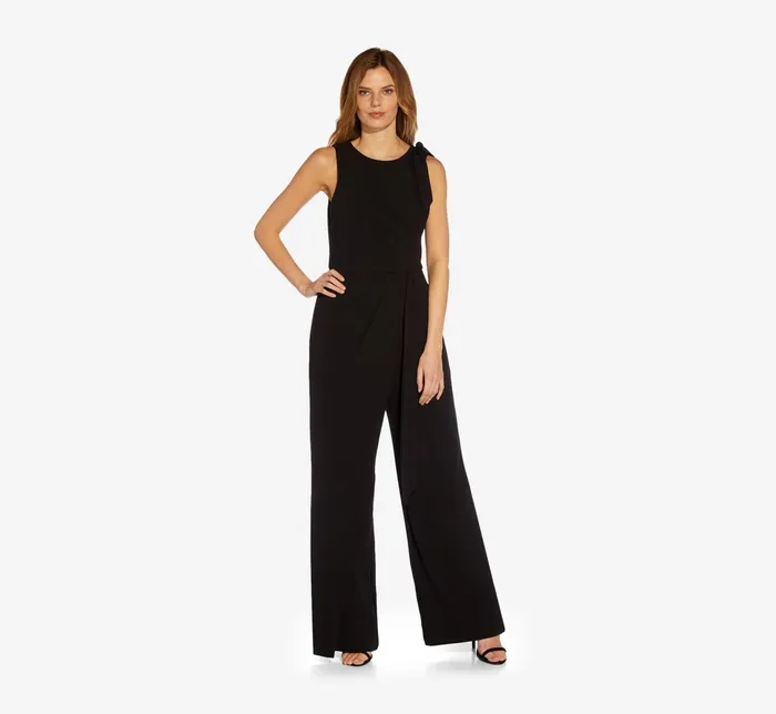 Adrianna Papell WideLeg Crepe Jumpsuit With SelfBows In Black Black Women Day Dresses Adrianna Papell WideLeg Crepe Jumpsuit With SelfBows In Black Black Women Day Dresses