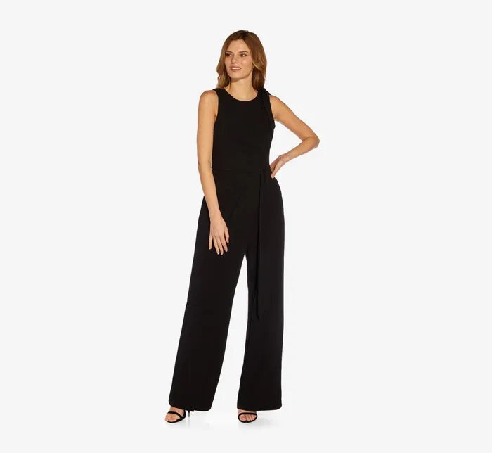 Adrianna Papell WideLeg Crepe Jumpsuit With SelfBows In Black Black Women Day Dresses Adrianna Papell WideLeg Crepe Jumpsuit With SelfBows In Black Black Women Day Dresses