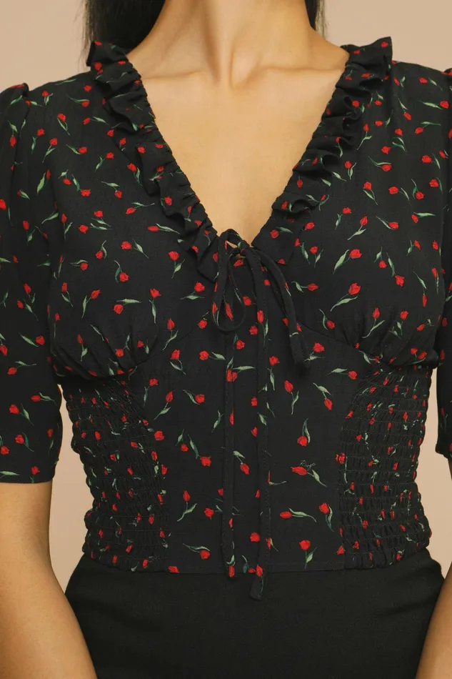 ALESSIO Top Mini Tulipe Noir Women Rouje Blouses and Tops