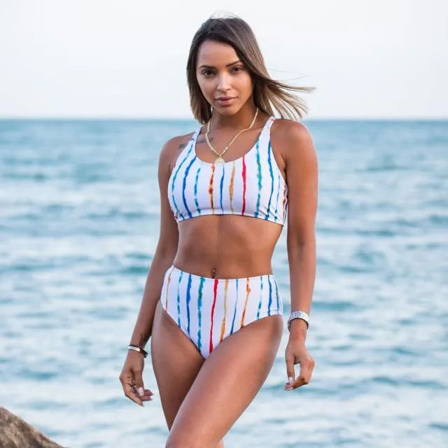 Beachsissi Bikini Women Colorful Stripe Print Cute Bikini Set Colorful