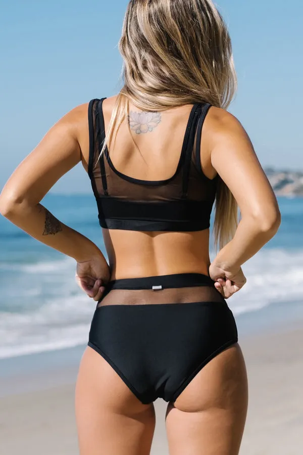 Beachsissi Bikini Women Double Up Mesh Patchwork Solid Bikini Set Black