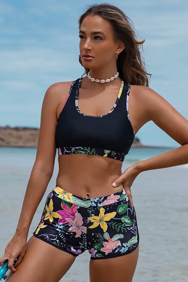 Beachsissi Bikini Women Floral Print Round Neck Racer Back Bikini Set Black