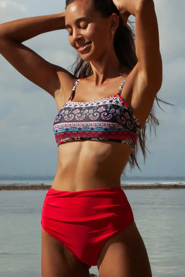 Beachsissi Bikini Women Geometric Pattern Print Ruched Bikini Set Red