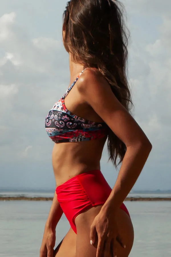 Beachsissi Bikini Women Geometric Pattern Print Ruched Bikini Set Red