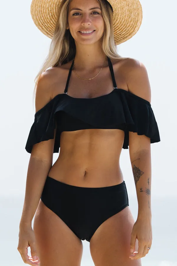 Beachsissi Bikini Women Halter Neck Ruffled Solid Color Bikini Set Black