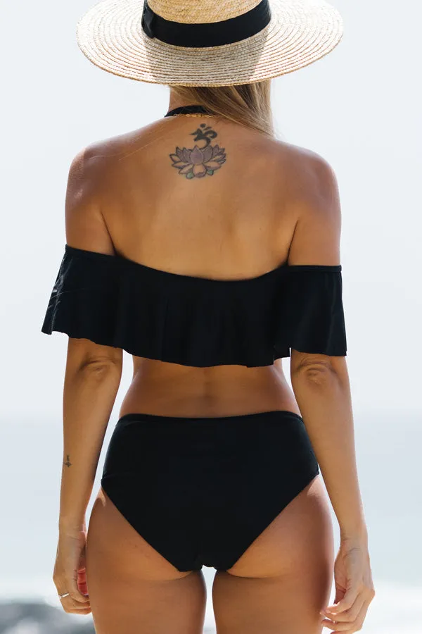 Beachsissi Bikini Women Halter Neck Ruffled Solid Color Bikini Set Black