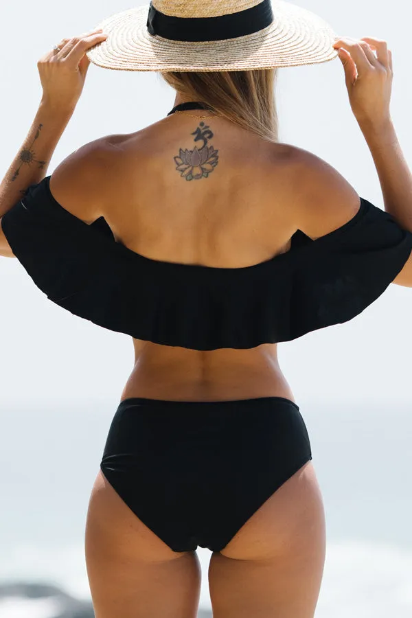 Beachsissi Bikini Women Halter Neck Ruffled Solid Color Bikini Set Black