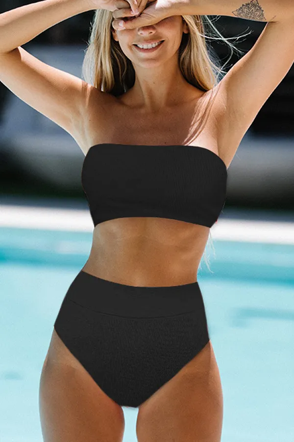 Beachsissi Bikini Women High Waist Solid Color Ribbed Bikini Set Black