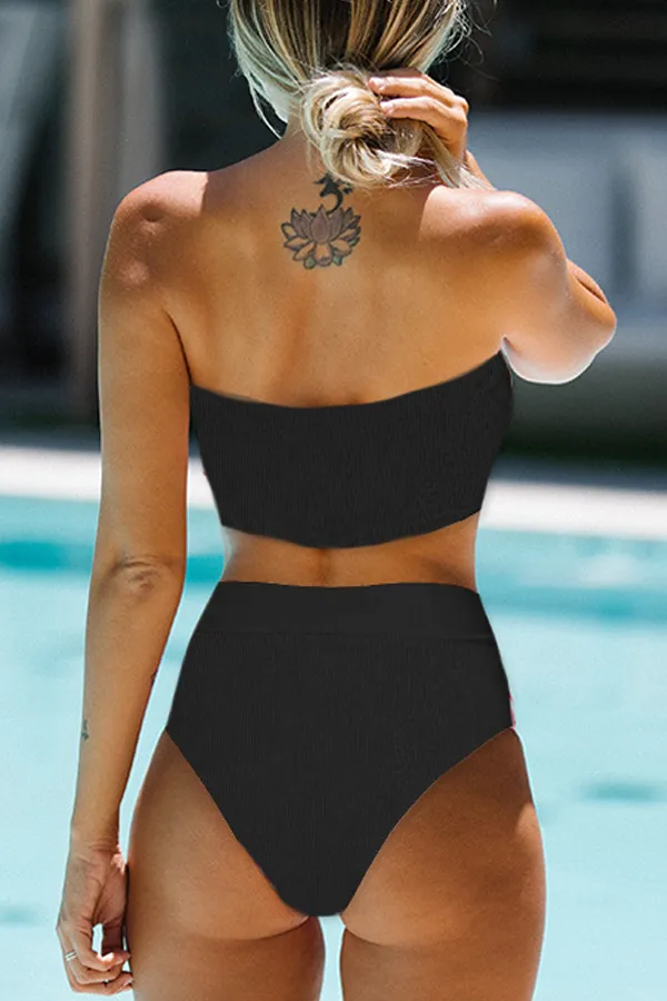 Beachsissi Bikini Women High Waist Solid Color Ribbed Bikini Set Black