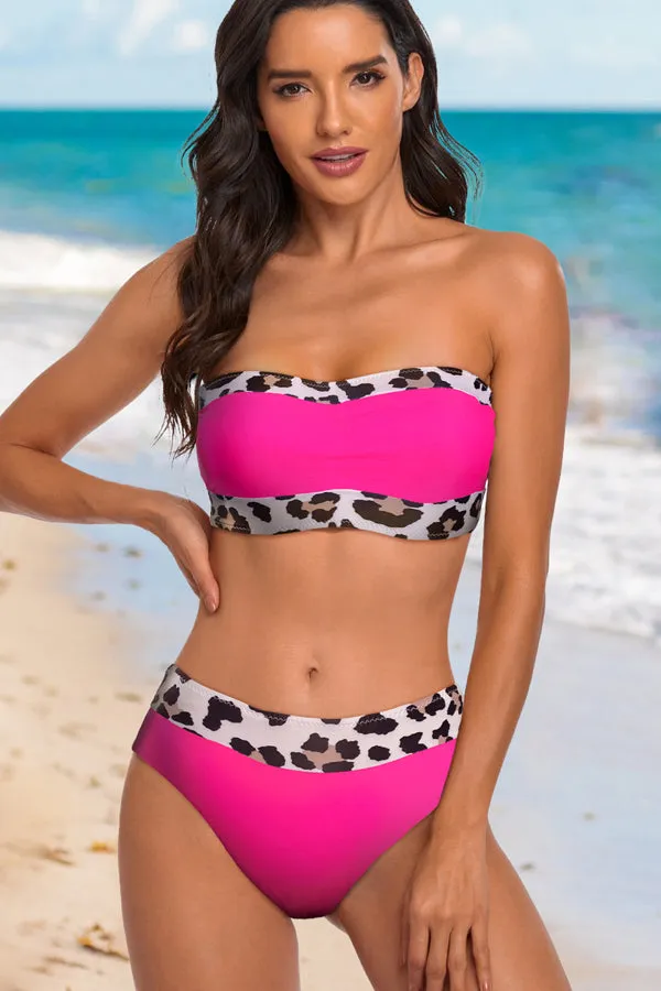 Beachsissi Bikini Women Leopard Patchwork Bandeau Midi Waisted Bikini Set Rose Red