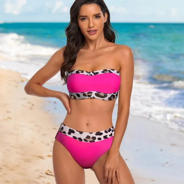 Beachsissi Bikini Women Leopard Patchwork Bandeau Midi Waisted Bikini Set Rose Red Beachsissi Bikini Women Leopard Patchwork Bandeau Midi Waisted Bikini Set Rose Red