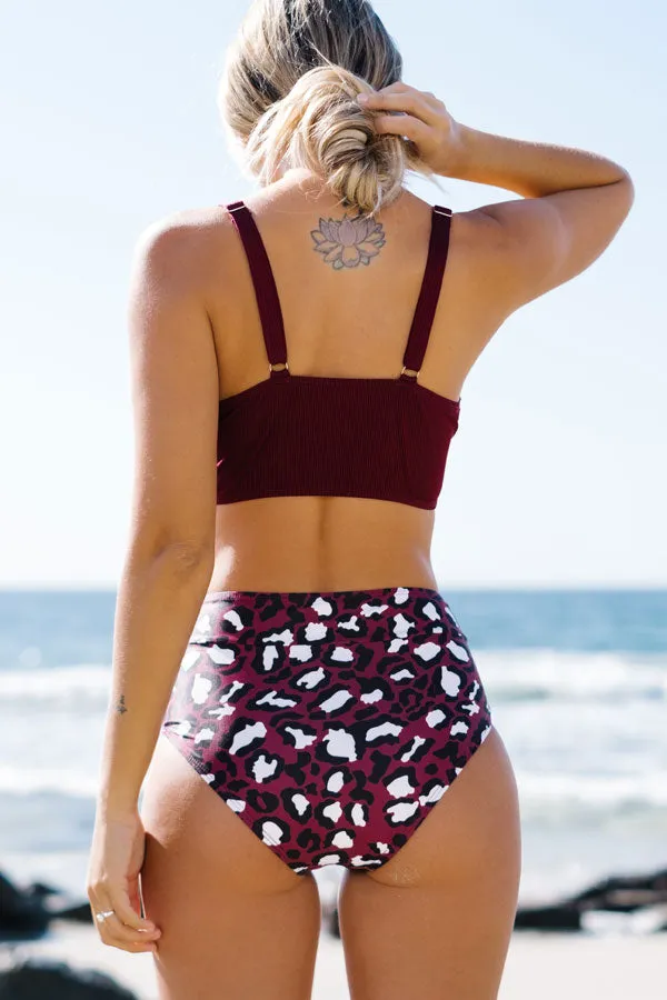 Beachsissi Bikini Women Leopard Print High Waist Bikini Set Wine Red