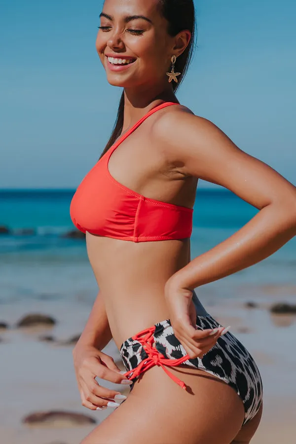 Beachsissi Bikini Women Red And Leopard Drawstring Side Bikini Set Red