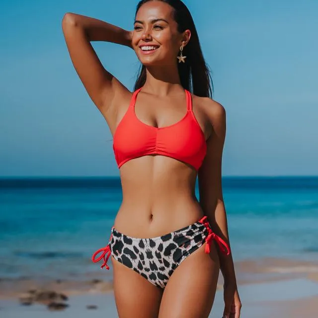 Beachsissi Bikini Women Red And Leopard Drawstring Side Bikini Set Red