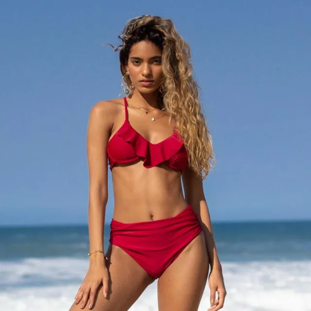 Beachsissi Bikini Women Solid Color Ruffle Design Ruched Bikini Set Red