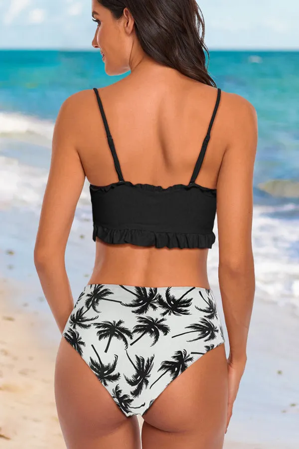 Beachsissi Bikini Women Stringy Selvedge Leaf Print Ruched Bikini Set Black