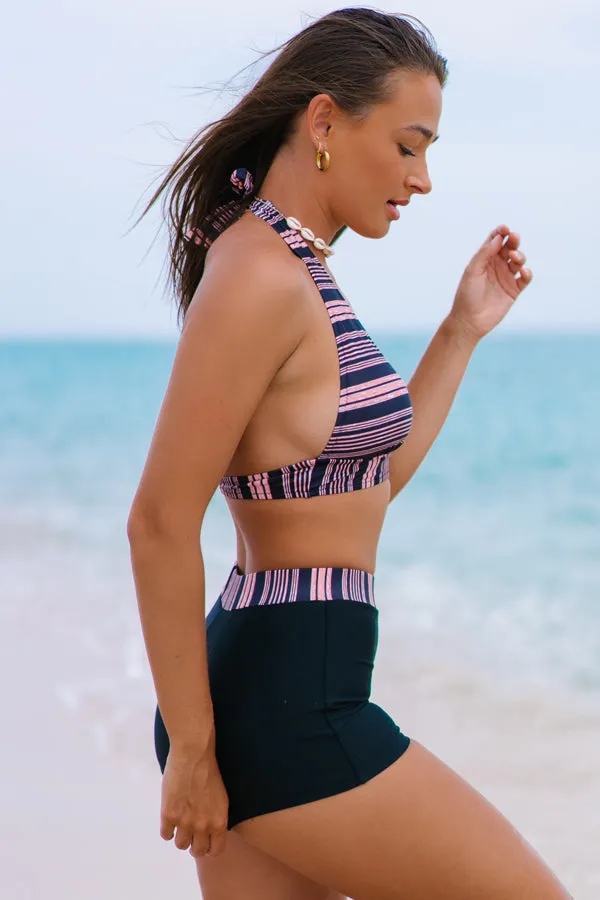 Beachsissi Bikini Women Stripe Print Halter Neck Bikini Set Black