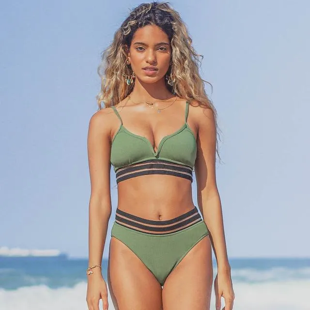 Beachsissi Bikini Women V Neck Patchwork Solid Bikini Set Green