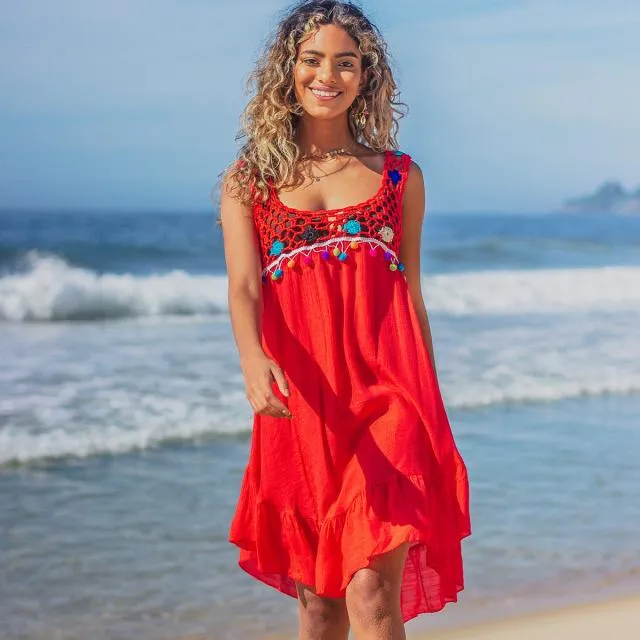 Beachsissi Cover Ups Women Knitted Patchwork Ruffle Hem Swimwear Cover Up Red Beachsissi Cover Ups Women Knitted Patchwork Ruffle Hem Swimwear Cover Up Red