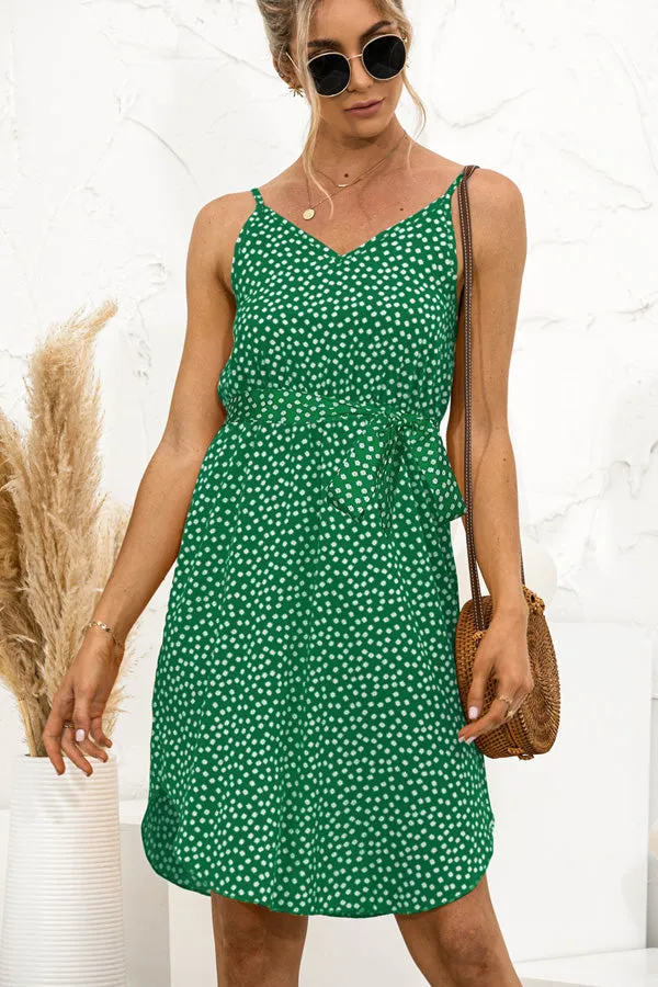Beachsissi Dresses Women Dot Print Spaghetti Strap Tie Waist Mini Dress Green