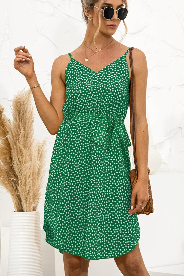Beachsissi Dresses Women Dot Print Spaghetti Strap Tie Waist Mini Dress Green Beachsissi Dresses Women Dot Print Spaghetti Strap Tie Waist Mini Dress Green