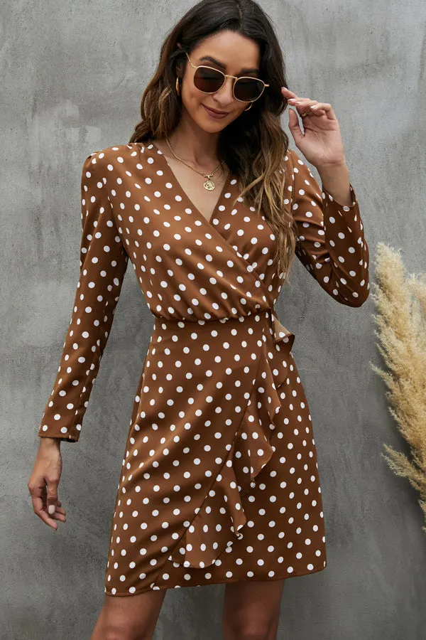Beachsissi Dresses Women Dots Print V Neck Ruffle Design High Waist Dress Brown Beachsissi Dresses Women Dots Print V Neck Ruffle Design High Waist Dress Brown