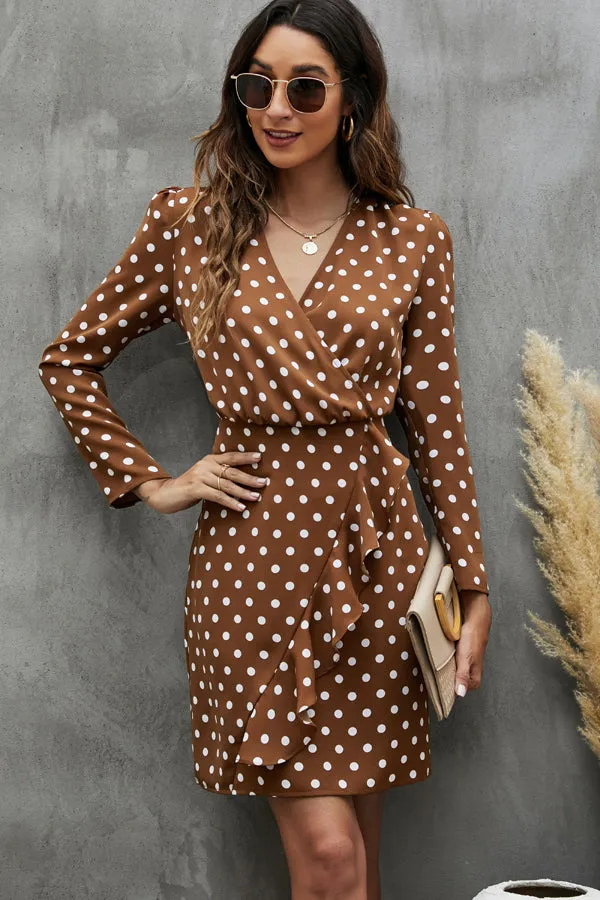 Beachsissi Dresses Women Dots Print V Neck Ruffle Design High Waist Dress Brown Beachsissi Dresses Women Dots Print V Neck Ruffle Design High Waist Dress Brown