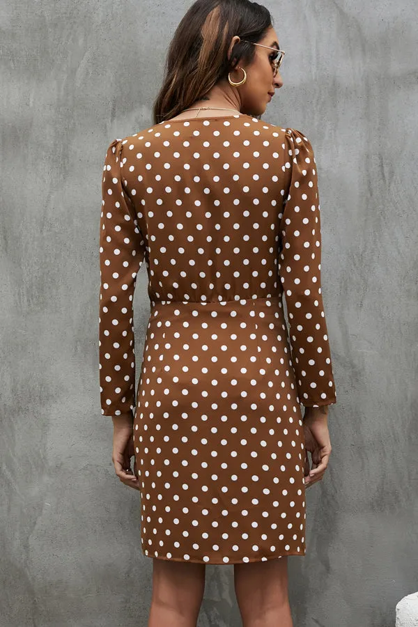 Beachsissi Dresses Women Dots Print V Neck Ruffle Design High Waist Dress Brown Beachsissi Dresses Women Dots Print V Neck Ruffle Design High Waist Dress Brown