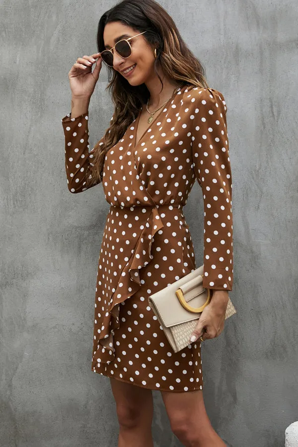 Beachsissi Dresses Women Dots Print V Neck Ruffle Design High Waist Dress Brown Beachsissi Dresses Women Dots Print V Neck Ruffle Design High Waist Dress Brown