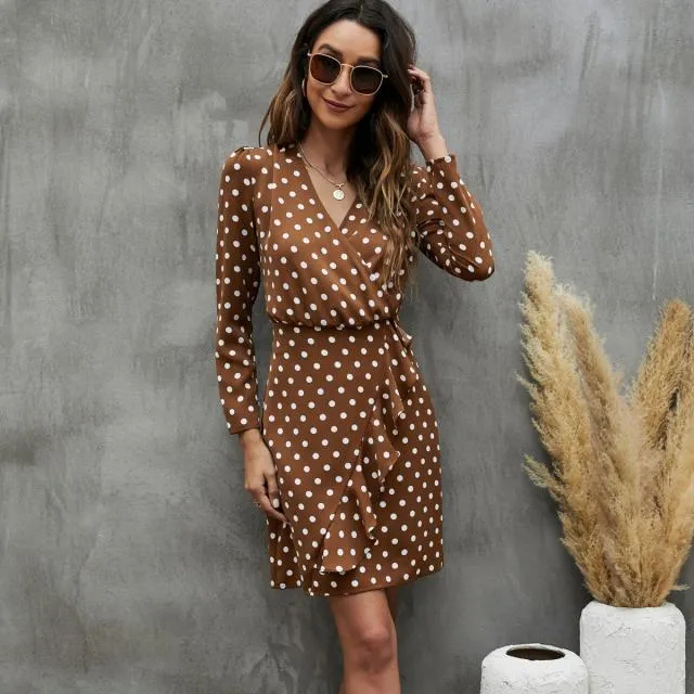 Beachsissi Dresses Women Dots Print V Neck Ruffle Design High Waist Dress Brown Beachsissi Dresses Women Dots Print V Neck Ruffle Design High Waist Dress Brown