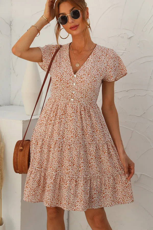 Beachsissi Dresses Women Fashion Printed Ruched Short Sleeve Dress Orange
