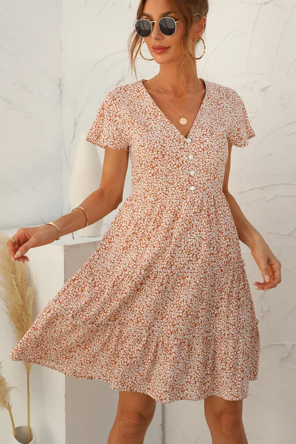 Beachsissi Dresses Women Fashion Printed Ruched Short Sleeve Dress Orange