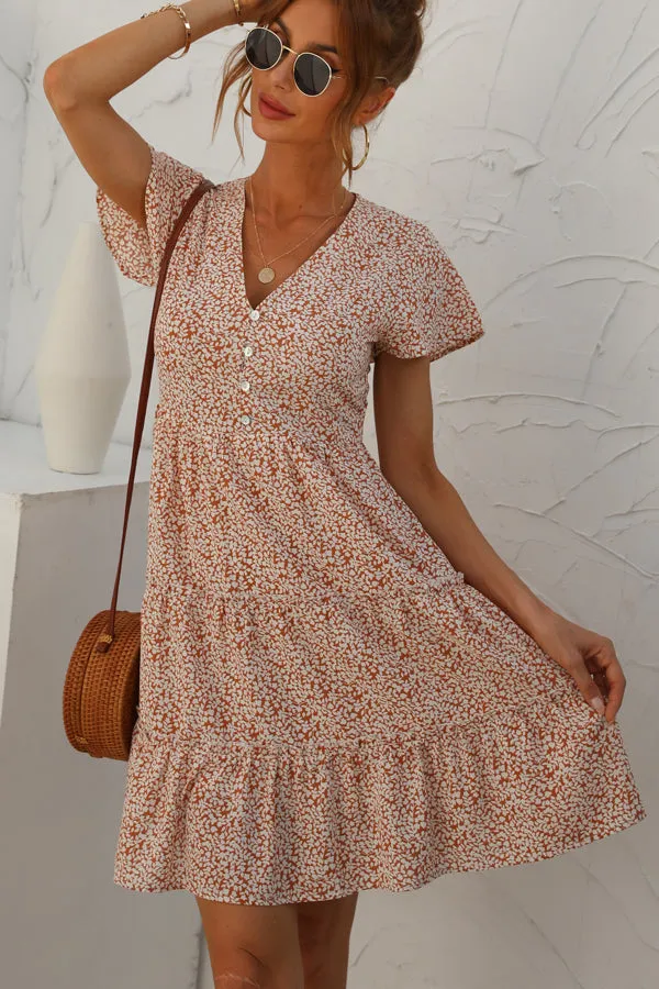Beachsissi Dresses Women Fashion Printed Ruched Short Sleeve Dress Orange