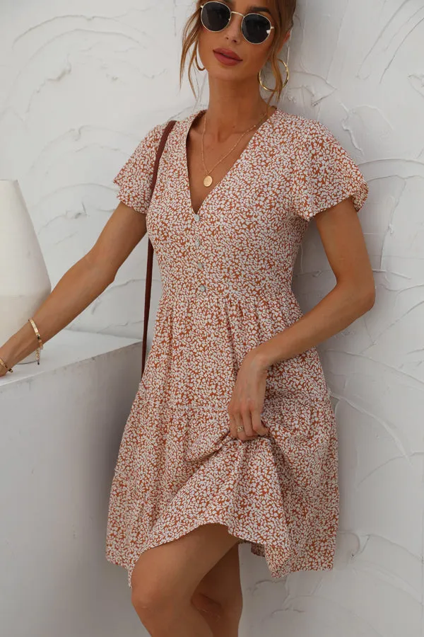 Beachsissi Dresses Women Fashion Printed Ruched Short Sleeve Dress Orange
