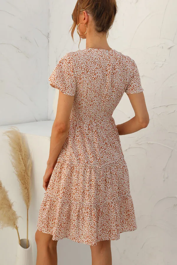 Beachsissi Dresses Women Fashion Printed Ruched Short Sleeve Dress Orange