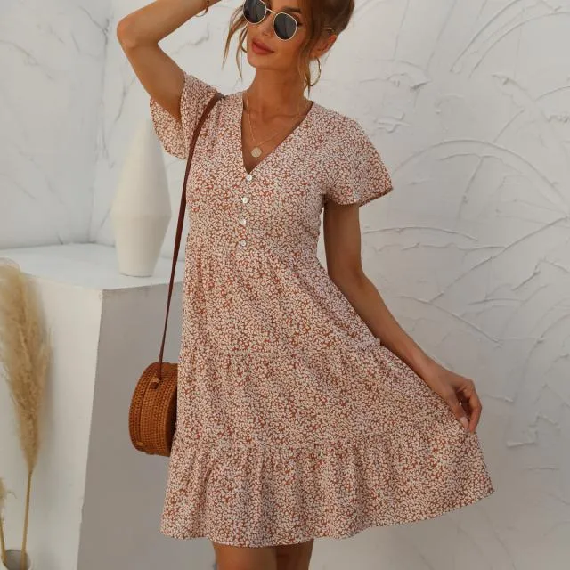 Beachsissi Dresses Women Fashion Printed Ruched Short Sleeve Dress Orange