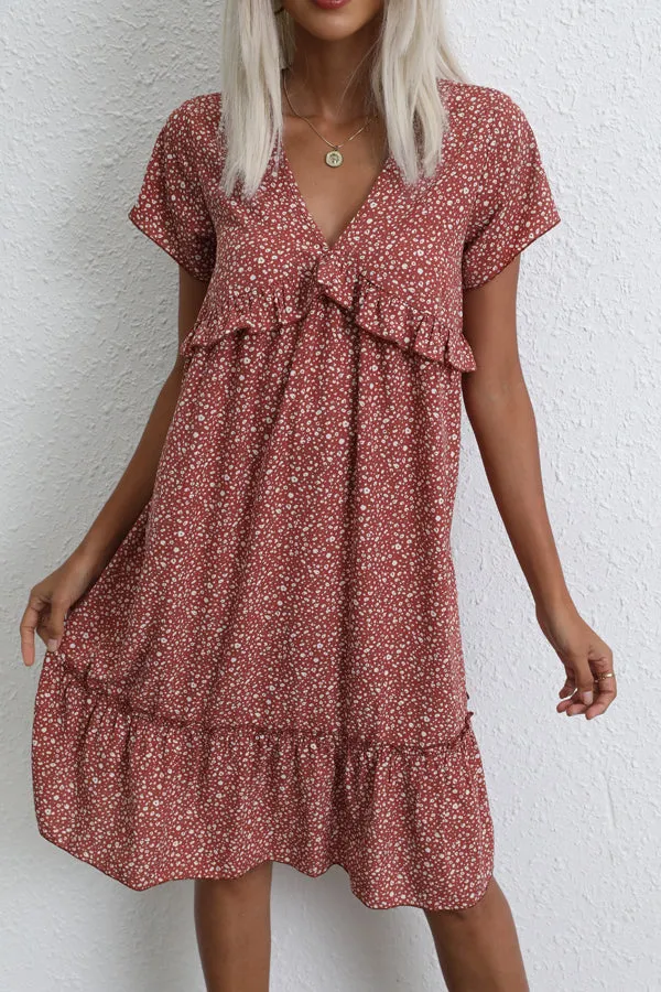 Beachsissi Dresses Women Fashion Ruffle V Neck Casual Dress Red