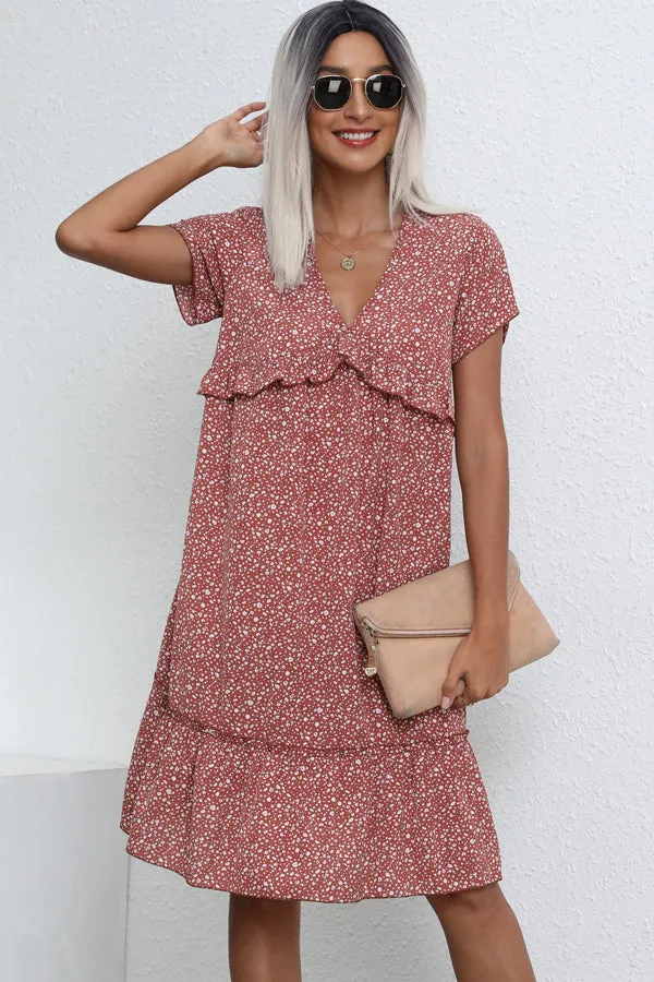 Beachsissi Dresses Women Fashion Ruffle V Neck Casual Dress Red