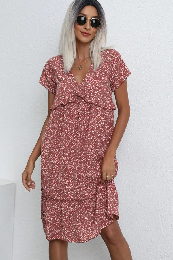 Beachsissi Dresses Women Fashion Ruffle V Neck Casual Dress Red