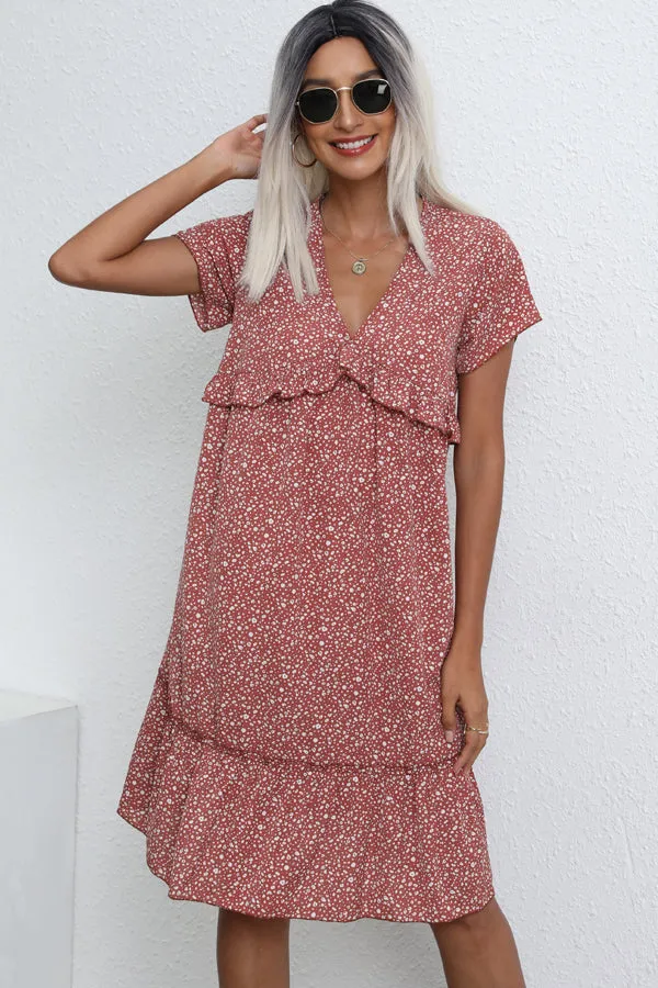 Beachsissi Dresses Women Fashion Ruffle V Neck Casual Dress Red